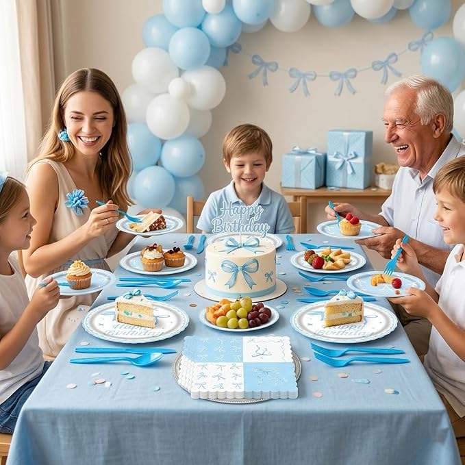 60Pcs Bow Party Supplies, Blue Bow Theme Party Decorations Include Blue Party Plates, Napkins, Forks, Knives, Spoons for Baby Shower Wedding Bridal Birthday Engagement Party Decor, Serves 10
