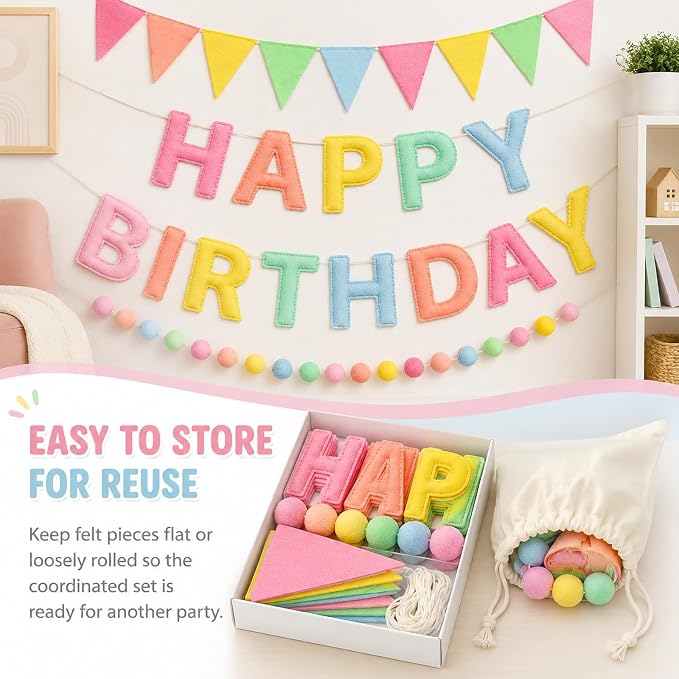 GOOGO Felt Happy Birthday Banner Set, Pastel Pre-Strung Party Decorations with Letter Banner, Felt Ball Garland and Pennant Flags for Girls and Women Birthday Decor