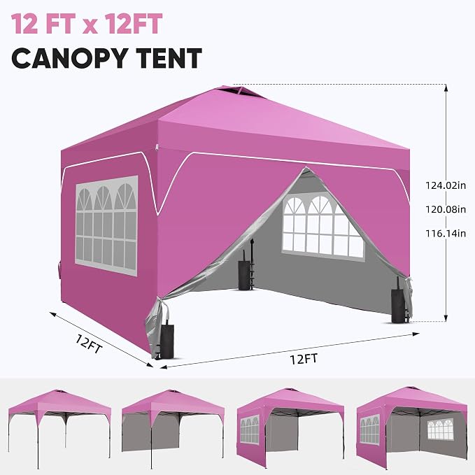 GDY 12x12FT Pop Up Canopy Tent with One Push Setup, Easy to Install with 4-Sidewalls for Events, Parties, Camping, Outdoor Gazebo with 4-Sandbags and Wheel Bag, Pink.