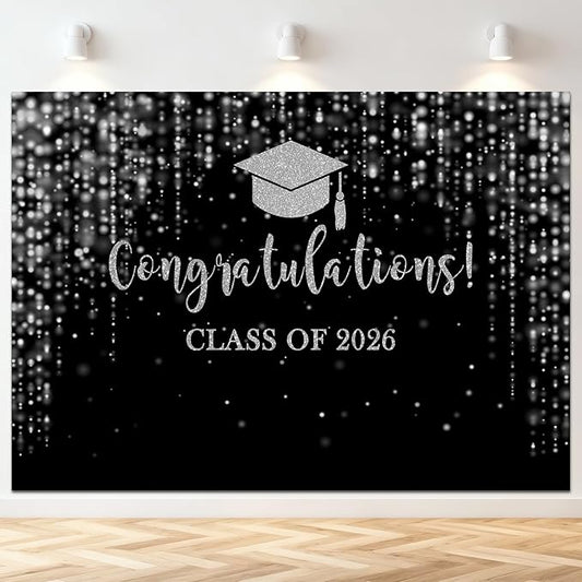 Mocsicka Class of 2026 Backdrop Black Silver Glitter Bokeh Graduation Party Background 2026 Congrats Grad Prom Party Cake Table Decoration Photo Booth Props (10x7ft)