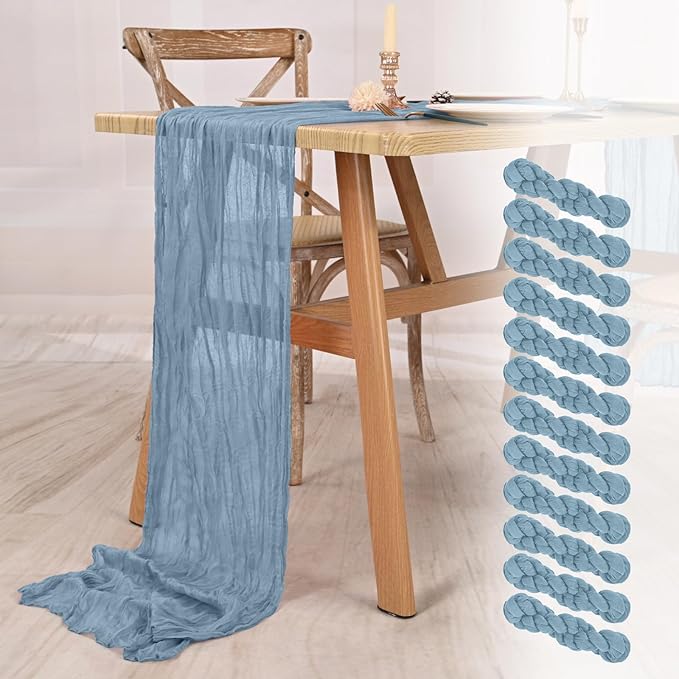 12 Pack Dusty Blue Cheesecloth Table Runner 10FT Dusty Blue Boho Gauze Cheese Cloth Table Runner Rustic Sheer Fabric Table Runners for Wedding Bridal Shower Baby Shower Party(21.5×120 Inch)