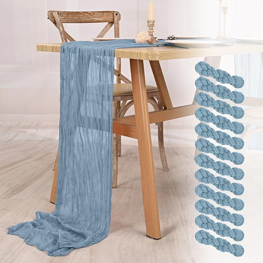12 Pack Dusty Blue Cheesecloth Table Runner 10FT Dusty Blue Boho Gauze Cheese Cloth Table Runner Rustic Sheer Fabric Table Runners for Wedding Bridal Shower Baby Shower Party(21.5×120 Inch)
