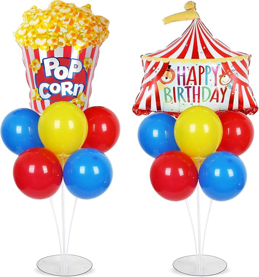 Carnival Circus Birthday Party Balloons Stand Kit 2 Sets with 2 Circus Tent Popcorn Foil Balloons Plim Themed Red Blue Yellow Balloon Centerpiece for Tables for Carnival Birthday Party Decorations