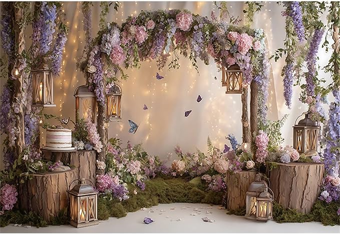 Baocicco Purple Flowers Wall Backdrop 15x10ft Rustic Style Wooden Arch Door Butterfly Background Photography Rural Wedding Baby Shower Birthday Party Banner Supplies Anniversary Decorations Props