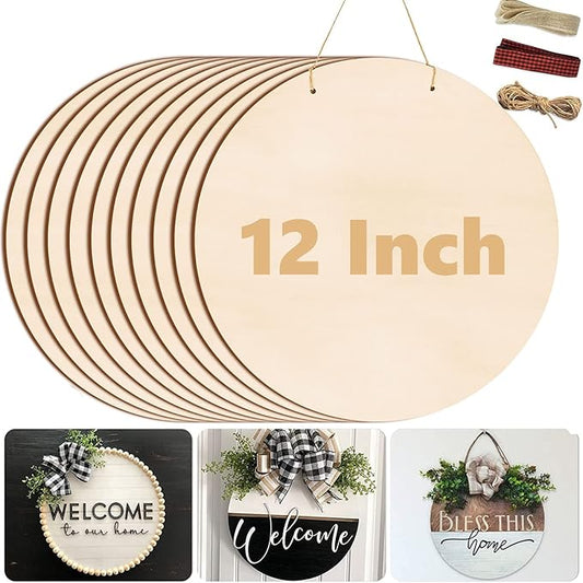 12 Inch Wood Circles for Crafts, 10Pcs Unfinished Wood Rounds for Cricut Projects, Burning, Painting, Door Hanger, DIY Wooden Crafts Gifts for Mother's Day Holiday Home Decor (10PCS)