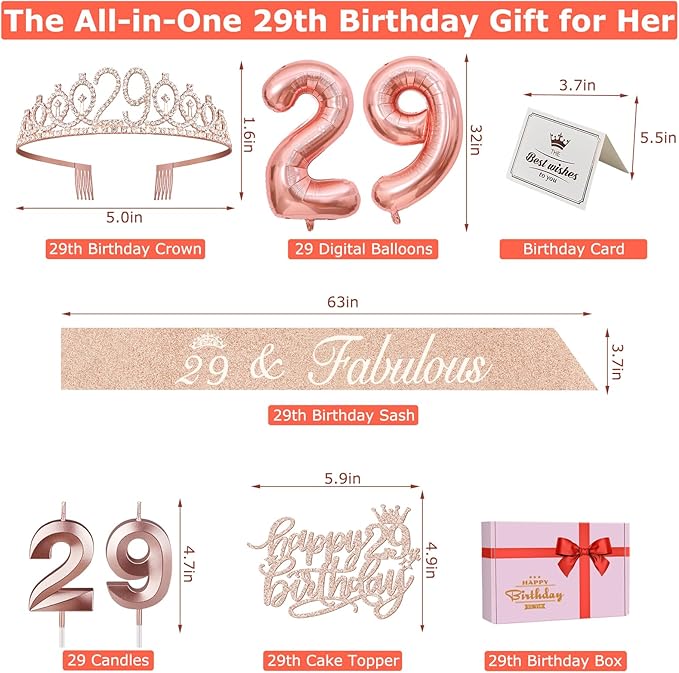 29th Birthday Decorations for Women, Including 29th Birthday Sash and Tiara, Cake Topper and Candles, Number Balloons, 29 Year Old Gifts for Women