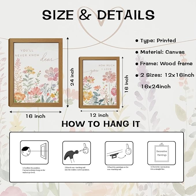 Watercolor Wildflower Wall Art Set of 3, Boho Botanical Flowers Canvas Prints Wall Decor, with Heart Line and romantic song lyrics for couple Gifts and Bedroom Office Home Decor 16x24 In Wood Framed