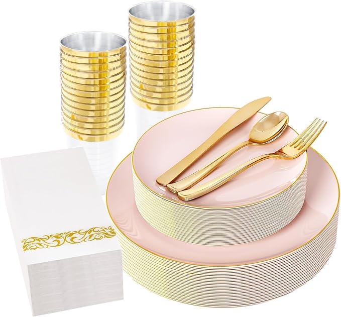 YOUBET 175PCS Pink Plastic Plates - Pink and Gold Disposable Plates Include 50 Plastic Plate, 75 Silverware, 25 Cups, 25 Napkins for Wedding & Party & Birthday