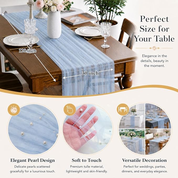 Pearl Blue Gauze Pearl Table Runner 120 Inch 10FT, Seasonal Sheer Dining Holiday Wedding Birthday Baby Shower Tulle Summer Table Decor for Home Party