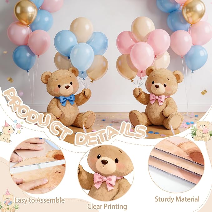 2Pcs Gender Reveal Bear Cardboard Cutouts Standup, Pink Blue Bear Baby Shower Birthday Party Decorations, He or She Photo Booth Props Yard Signs with Stakes & Stands for Indoor Outdoor Use