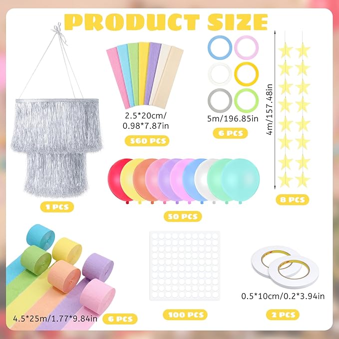 Blueweenly Fancy Princess Birthday Party Decorations Paper Chain Garland Strip Ceiling Party Classroom Decor Crepe Streamer Glitter Star Chandelier Balloons for Wedding Birthday(Macaron,Small,8 Pcs)