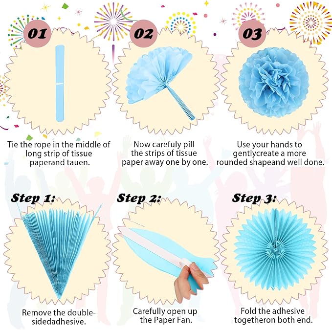 18 Pcs Cielito Lindo Party Decoration Cielito Lindo Decorations Hanging Paper Fans Pom Poms and Paper Banner for Bridal Shower, Fiesta, Engagement, Mexican Baby Shower(Blue)