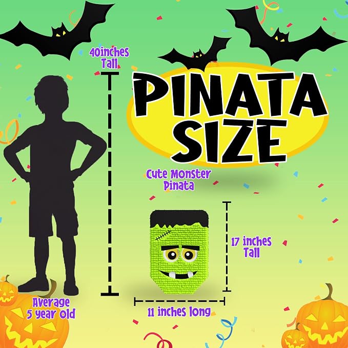 Jergrim Cute Frankenstein Halloween Piñata 3-piece Bundle for kids and adults, fits 2lbs of candy, perfect for Halloween party, spooky decorations, October birthday and party supplies