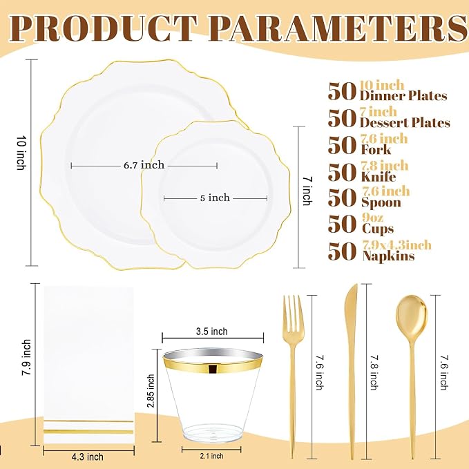 WDF 350PCS White and Gold Plastic Plates - Gold Plates Disposable 50Guest Plastic Dinnerware Ideal for Party/Wedding/Birthday