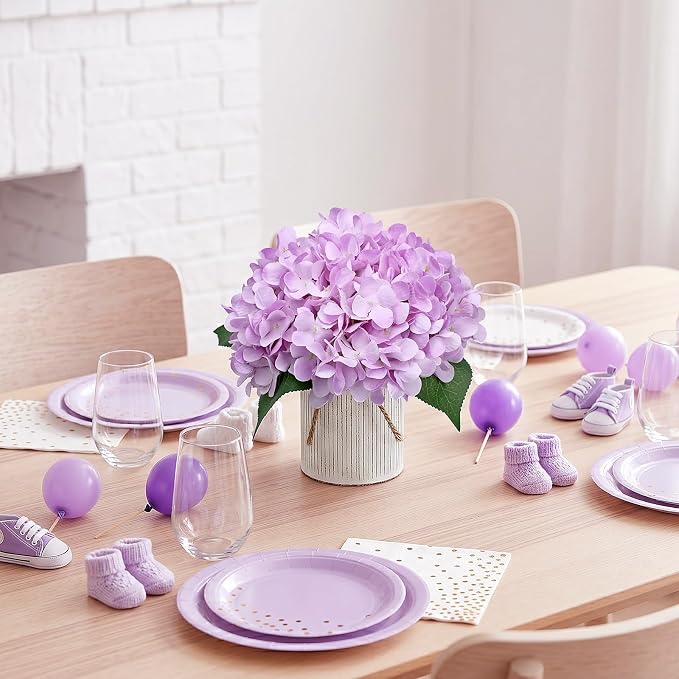 Set of 6 Flower Table Centerpieces - Lilac Fake Hydrangeas Floral Arrangement with Rustic Metal Vase for Baby Bridal Shower Birthday Party Event Wedding Decorations