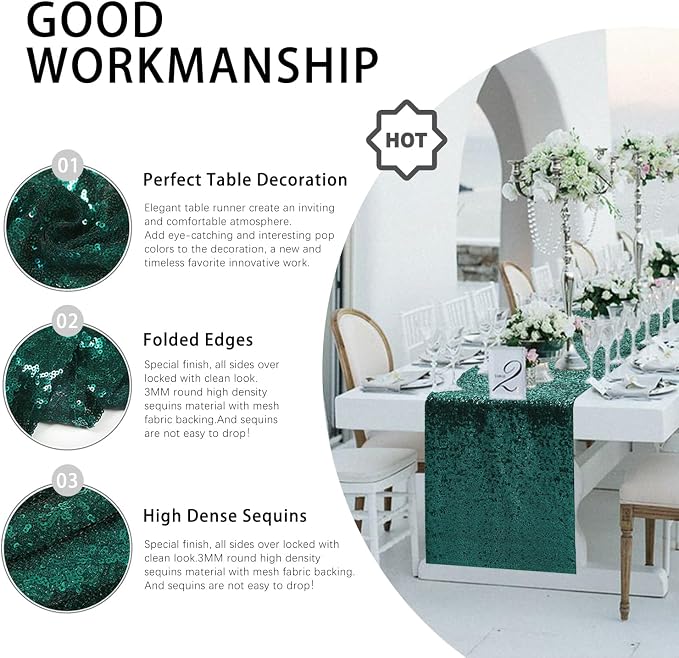 10 Packs 12 x 72 inches Emerald Sequin Table Runner, Glitter Runner for Birthday Party Supplies Wedding Holiday Celebration Baby Shower Engagement Anniversary Decor