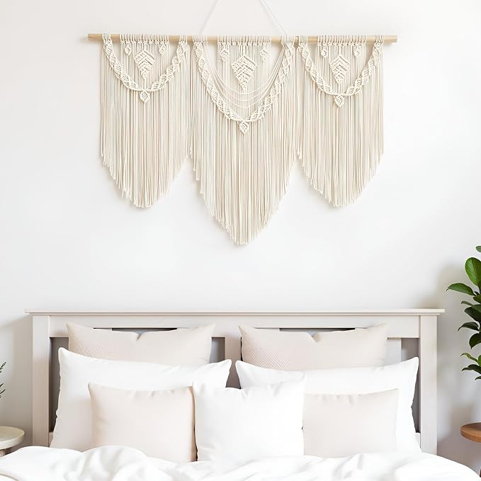 guzhiou large macrame wall hanging - Boho Tapestry Macrame Wall Decor Art- Chic Bohemian Handmade Woven Tapestry Home Decoration for Bedroom Living Room Apartment Wedding Party - 43"x32" (Beige-Leaf)