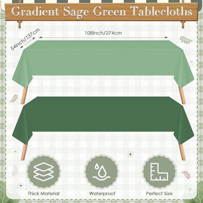 Mimorou 177 Pcs Sage Green Plates and Napkins Set Serves 25 Guests Gradient Sage Green Tablecloth Plates Cup and Napkins Tableware for Birthday Wedding Bridal Baby Shower Party Supplies
