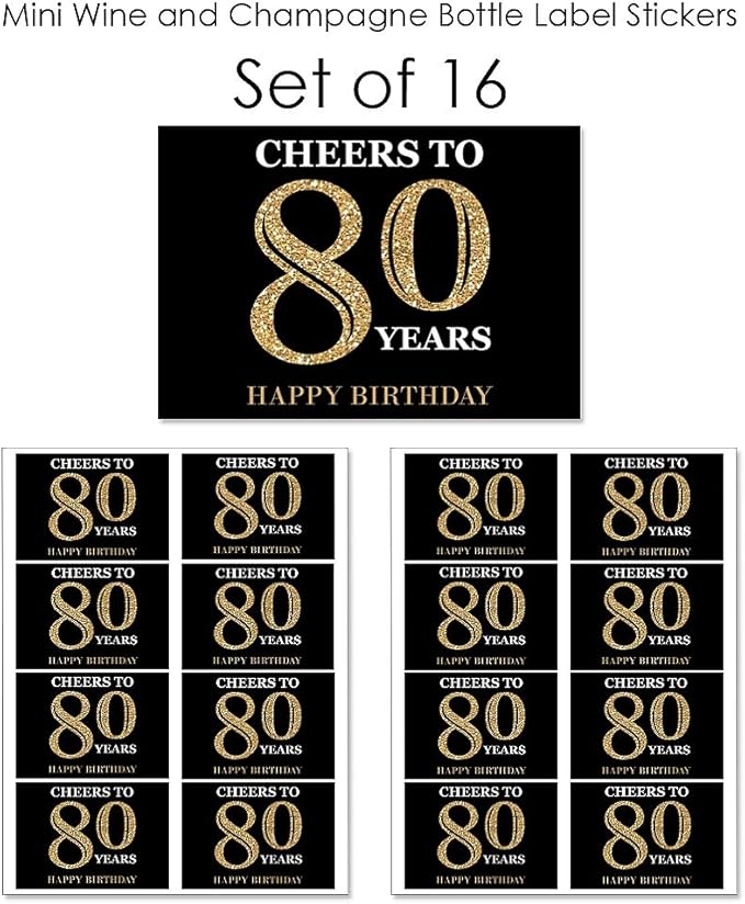 Big Dot of Happiness Adult 80th Birthday - Gold - Mini Wine and Champagne Bottle Label Stickers - Birthday Party Favor Gift for Women and Men - Set of 16