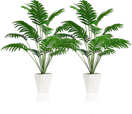 SAJANDAS Set of 2 Artificial Areca Palm Plants in Pots, 31 Inch Fake Tropical Palm Trees with Greenery Leaves and Stems, Faux Dypsis Lutescens Floor Plants for Store, Office, Home Decoration