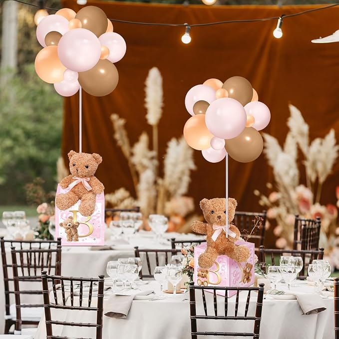 Lenwen 6 Sets Baby Letter Boxes Decorations Table Centerpieces for Baby Shower Gender Reveal,Bear Stuffed Animals Balloon with Stand Plush Toy Boxes for Birthday Party Wedding(Bear,Pink)