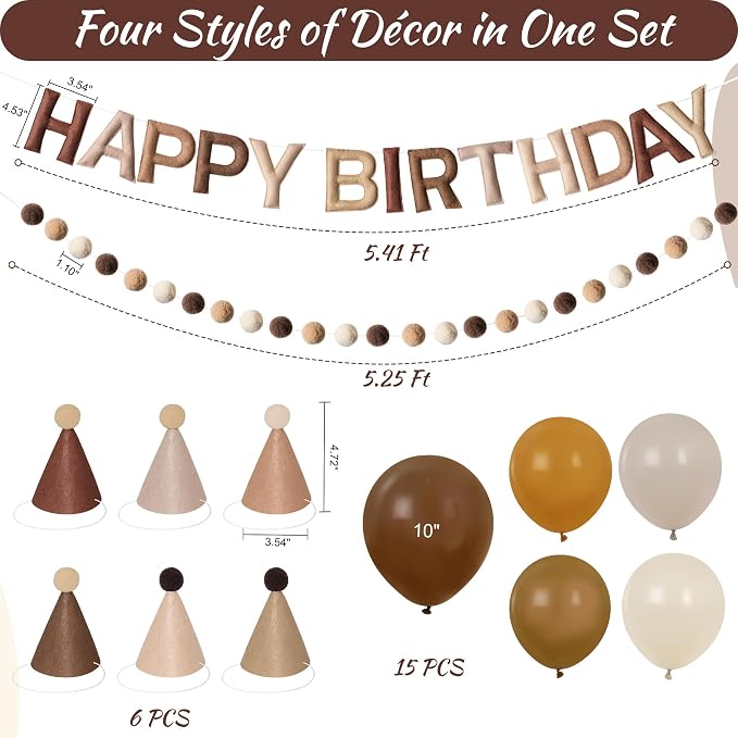 Kriyokiaa Pre-Strung Felt Happy Birthday Banner Retro Brown Happy Birthday Party Decorations with Party Hats for Stuffed Animals, Pom Pom Garland and Balloons for Women Men Boys Girls Party Decor
