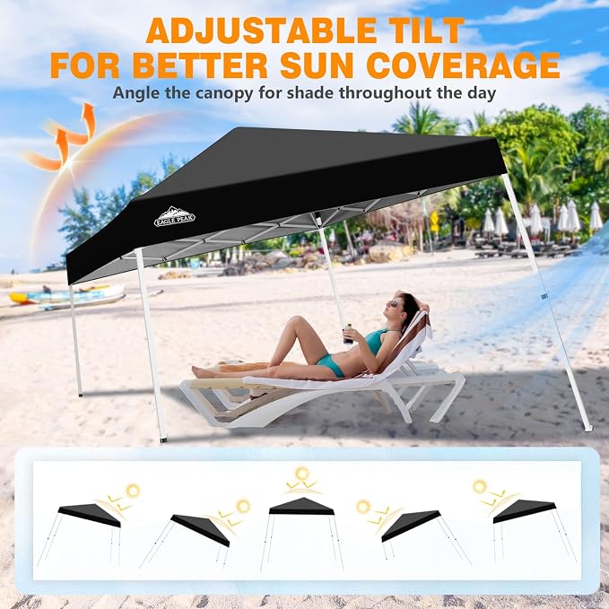 EAGLE PEAK 10x10 Slant Leg Pop-up Canopy Tent Easy One Person Setup Instant Outdoor Beach Canopy Folding Portable Sports Shelter 10x10 Base 8x8 Top (Black)