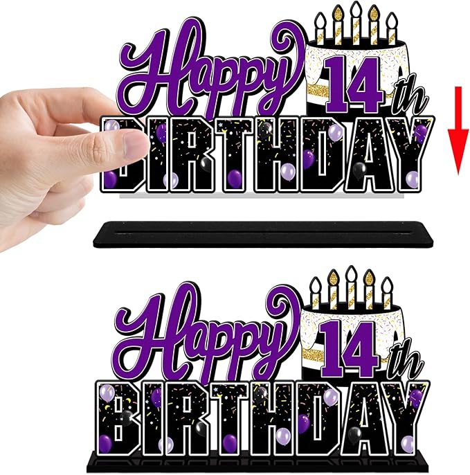 LINGTEER Happy 14th Birthday Purple Acrylic Table Topper Centerpieces Set - Cheers to Fourteen Years Old Birthday 14th Bday Party Gift Decorations.