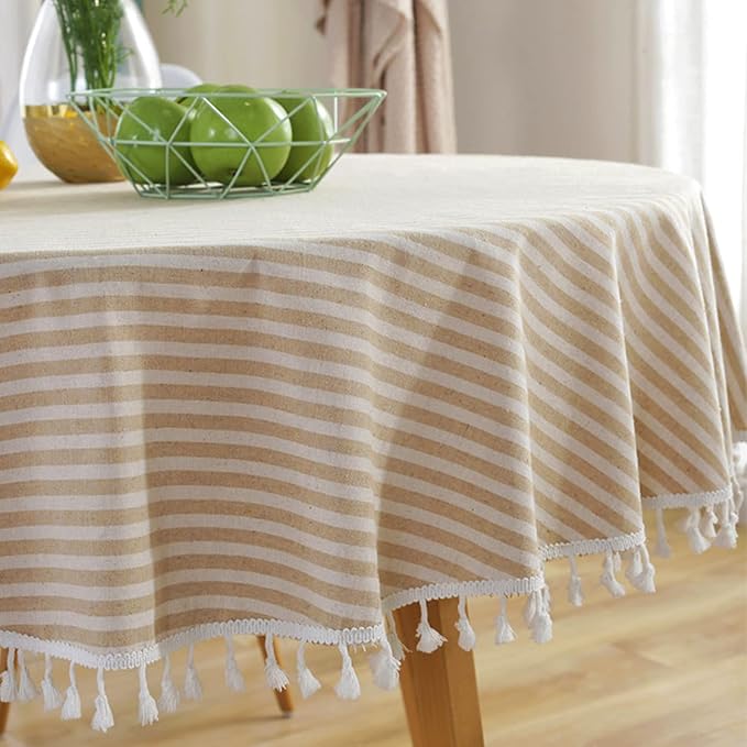 meioro Round Tablecloth Stripe Tassel Table Cloth Cotton Blend Dust-Proof Table Cover for Dining Circle Coffee Side End Card Tables, Parties Holiday Indoor Outdoor Use (Beige Stripes, 39 Inch)