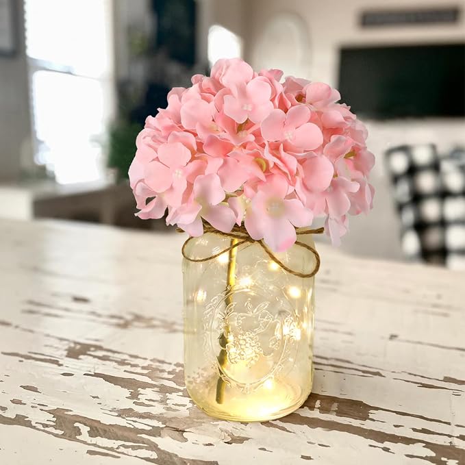 Set of 3 Mason Jar with Lights Blush Hydrangea Decorative Jars Flower Vase Farmhouse Table Centerpiece for Home Wedding Event Party Decor