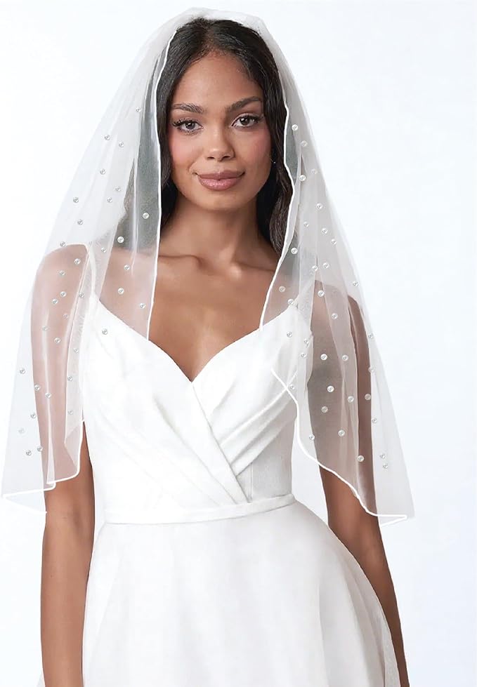 LADY&HOME White Bridal Veil Pearl Wedding Veil With Comb Bachelorette Party Veil for Brides,Bridal Shower Accessory,Bridesmaid Favor,Bride To Be Gift