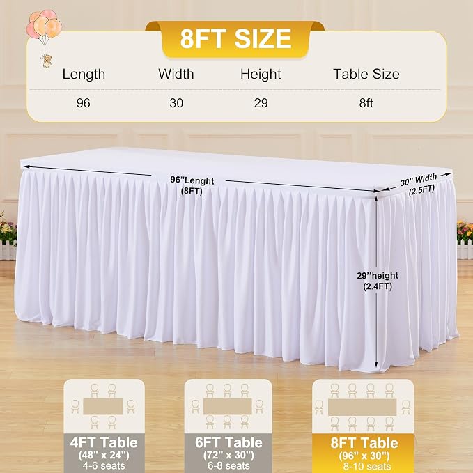 2 Packs White Tableclothes for 8 Foot Rectangle Tables, Wrinkle Free Fitted Table Cover 8ft Stretch Table Cloth with Skirt for Parties Weddings Birthday Banquet Baby Shower