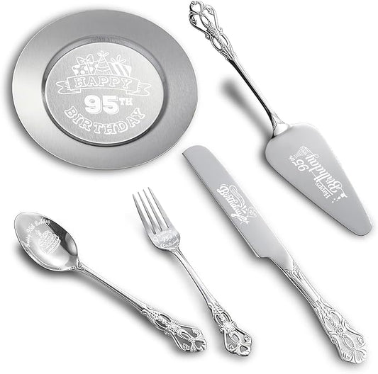 Happy 95th Birthday Personalized Laser Engraved Stainless Steel Cake Tableware Set:Cake Server,Plate,Knife,Spoon, Fork - Memorable 95 Year Old Gift Keepsake