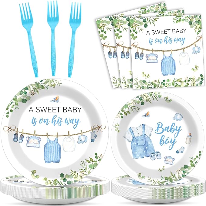 96Pcs Greenery Baby Shower Plates and Napkins Decoration Watercolor Blue Baby Boy Party Tableware Dinnerware Set A Sweet Boy Is On His Way Paper Plates for Gender Reveal Party Supplies Serve 24 Guests