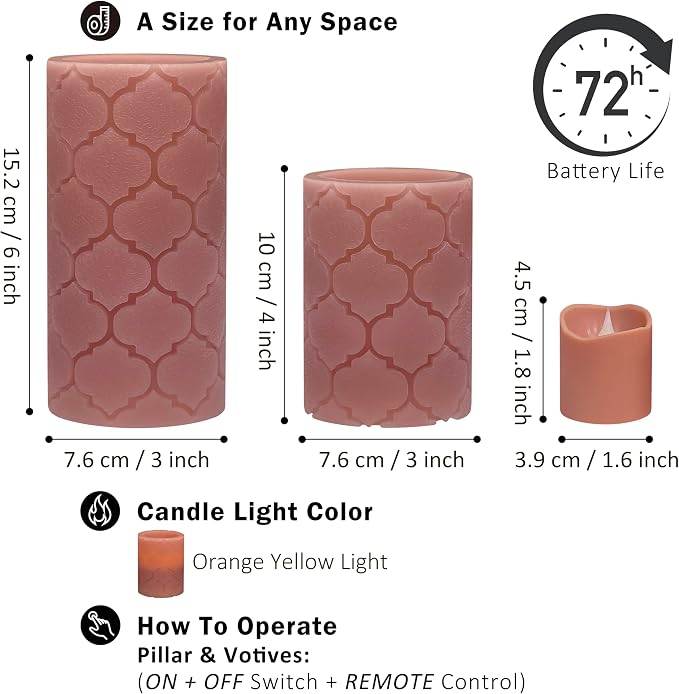 FURORA LIGHTING Dusty Rose Flameless Candles - Real Wax, Adjustable Brightness, Remote & Timer - 4 Pillars (3x4, 3x6) and 4 Votives, 8-Pack, Battery Operated