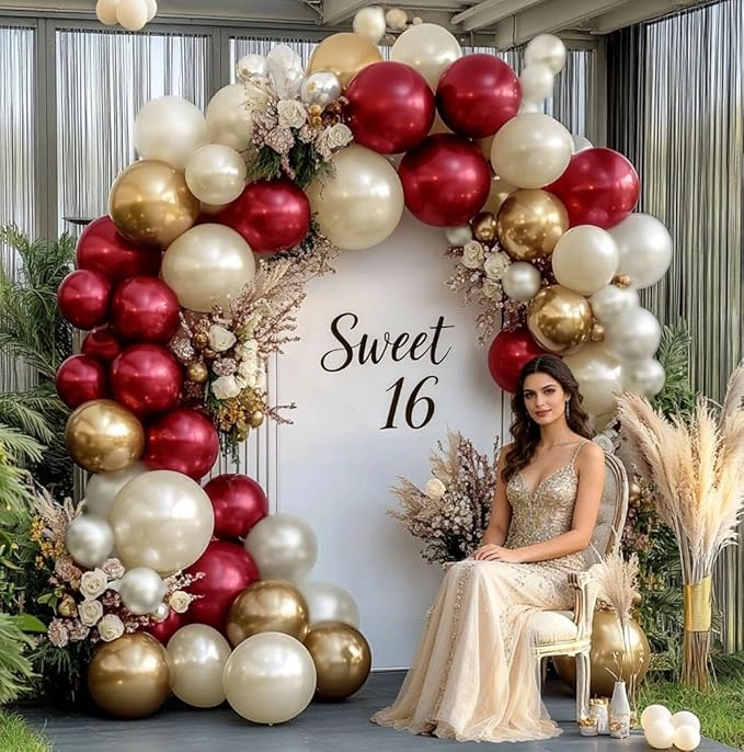 Burgundy Gold Balloons Garland Double Stuffed Wine Red Sand White Metallic Gold Latex Balloons Arch Kit for Bridal Wedding Mother's Day Anniversary Baby Shower Birthday Party Decorations