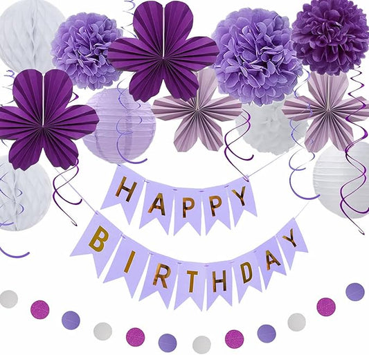 Birthday Party Decorations Kit Purple Violet & White, Happy Birthday Banner Garland Paper Pompoms, Flower Fans, Honeycom Ball , Lantern, Hanging Swirls, 20pcs