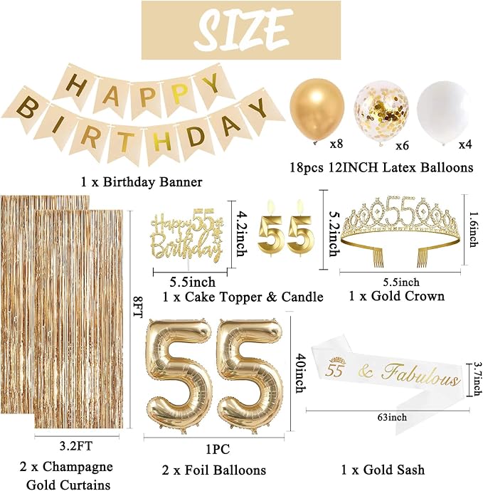 Trgowaul 55th Birthday Decorations for Women, Banner, Sash and Crown, Cake Topper, 55 Number Balloon, Fringe Curtains, Champagne Gold 55th Birthday Party Supplies