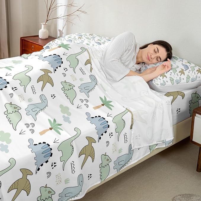 Kids Dinosaur Fitted Sheet Set Full Size 4 Pcs,Watercolor Cloud Jungle Trees Teens Sheets,Cute Cartoon Dino Animal Bedding Sets (1 Fitted,1 Flat,2 Pillowcases) Luxury Deep Pocket Bed Sheets