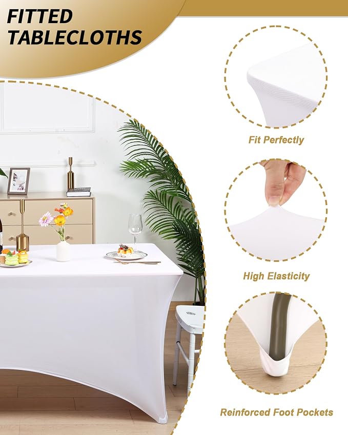 Fixwal 18 Pack 6Ft White Table Cover, Spandex Fitted Bulk Tablecloths Rectangle, Wrinkle-Free and Stretch Folding Table Cloth for Banquet, Wedding, Party, Trade Show