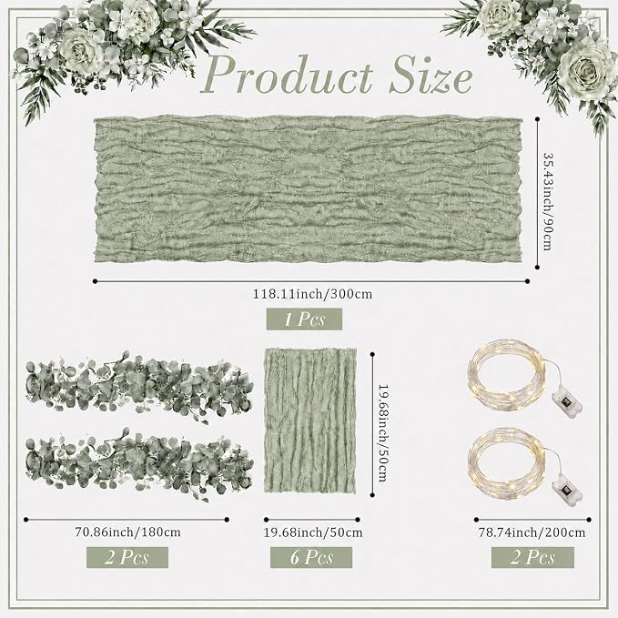 Cinrobiye 11pcs Cheesecloth Table Runner Set 120 Inch – Gauze Table Runner with Napkins, Eucalyptus Garland & String Lights for Wedding Baby Shower Table Decor, Rustic Boho