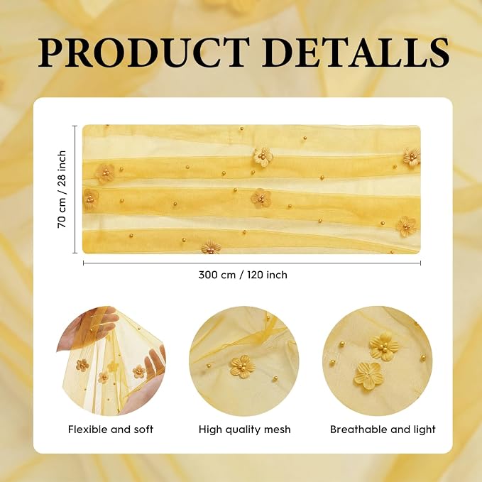 Artoid Mode Yellow Flower Pearl Yellow Gauze Table Runner 10FT 6PC, Seasonal Sheer Dining Holiday Wedding Birthday Baby Shower Table Decor for Home Party
