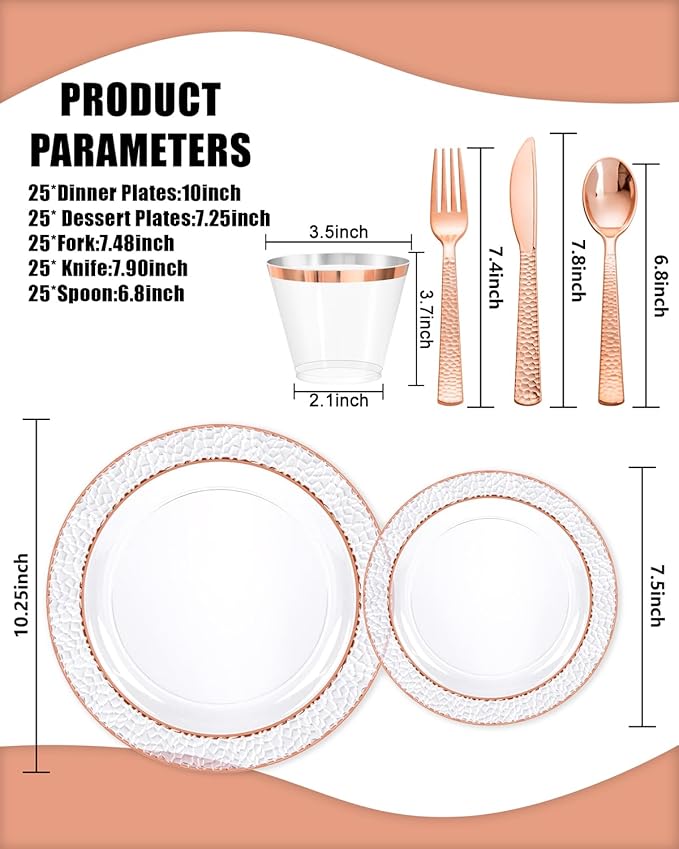 Ciaell 350PCS Rose Gold Plastic Plates - Clear Rose Gold Disposable Plates with Plastic Silverware include 100Plates, 150Silverware, 50Cups, 50Napkins for Wedding & Party & Mother's Day