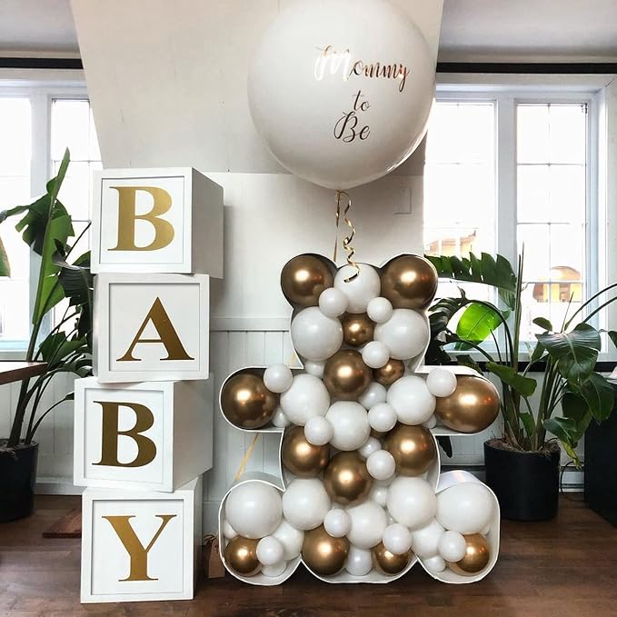Baby Shower Boxes Party Decorations - 4pcs Stereoscopic White Gold Boxes with Gold Baby+A-Z Letters,Babe Balloon Party Box Blocks for Teddy Bear BabyShower,Boy Girl 1st Birthday Parties Backdrop