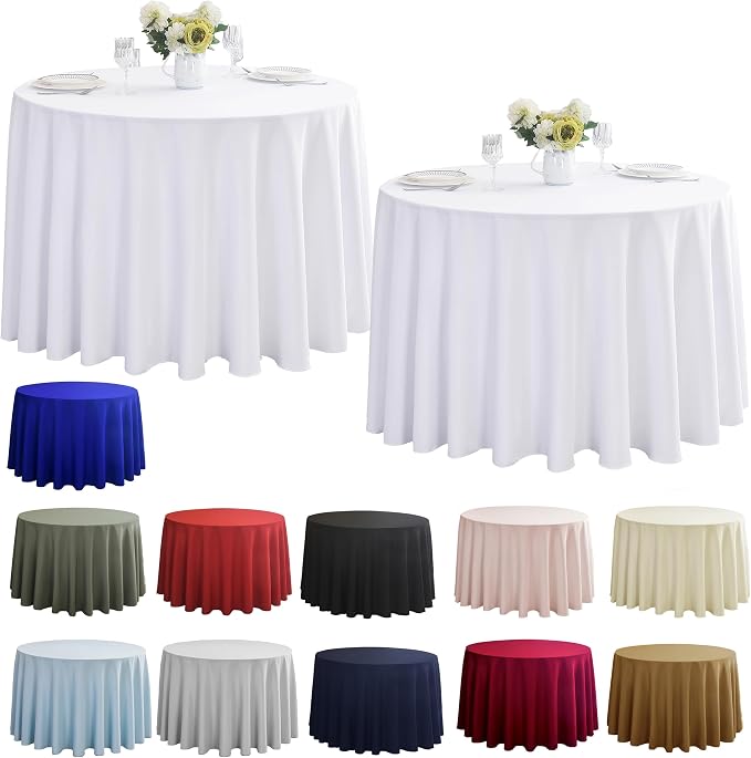 2-Pack Round 108-inch White Table Cloths, Solid Stain and Wrinkle Resistant Circular Tablecloth, Premium Plain Weave Polyester Fabric Table Linen Covers for Hotel, Banquet