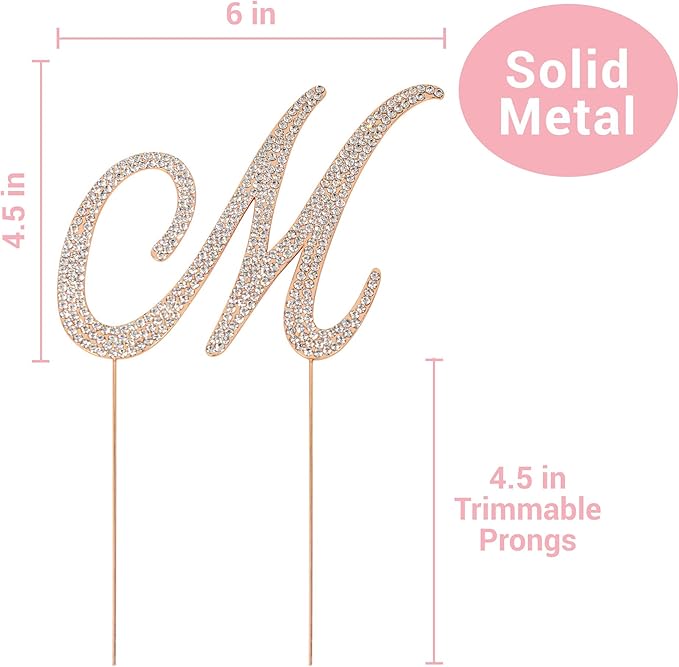 Letter M Cake Topper - Premium Rose Gold Metal - M Monogram Wedding or Anniversary Party Sparkly Rhinestone Initial Decoration Makes a Great Centerpiece - Now Protected in a Box