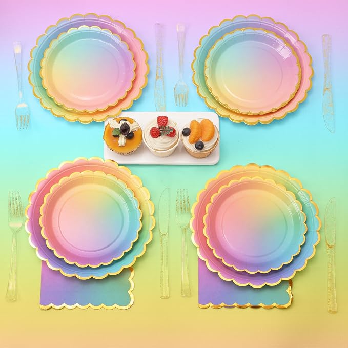 169 Pcs Rainbow Birthday Decorations, Rainbow Plates, Pastel Birthday Plates and Napkins Serves 24, Girls Party, Pastel Party Decorations，Colorful Pride Month