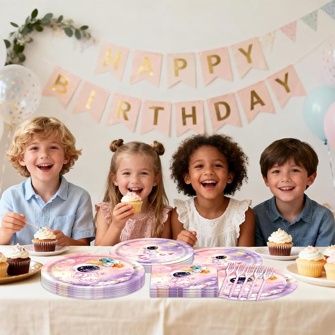 96Pcs Space Birthday Decorations Solar System Paper Plates and Napkins Supplies for Astronaut Baby Shower Decor Pink Galaxy Planet Birthday Tableware Set Space Themed Party Decorations