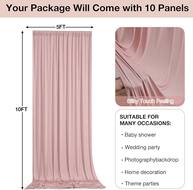 50ftx10ft Wrinkle Free Dusty Pink Backdrop Curtains for Parties, Silky Polyester Photo Backdrop Drapes 10 Panels 5x10ft Back Drop Cloth for Wedding Birthday Baby Shower Photography Background