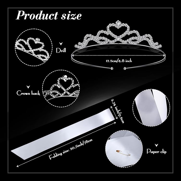 12 Set Crown and Sashes Set Blank Satin Sashes for Pageants Rhinestone Prom Queen Tiara Crown White Blank DIY for Birthday Holiday Wedding Bridal Shower Prom Party Supplies